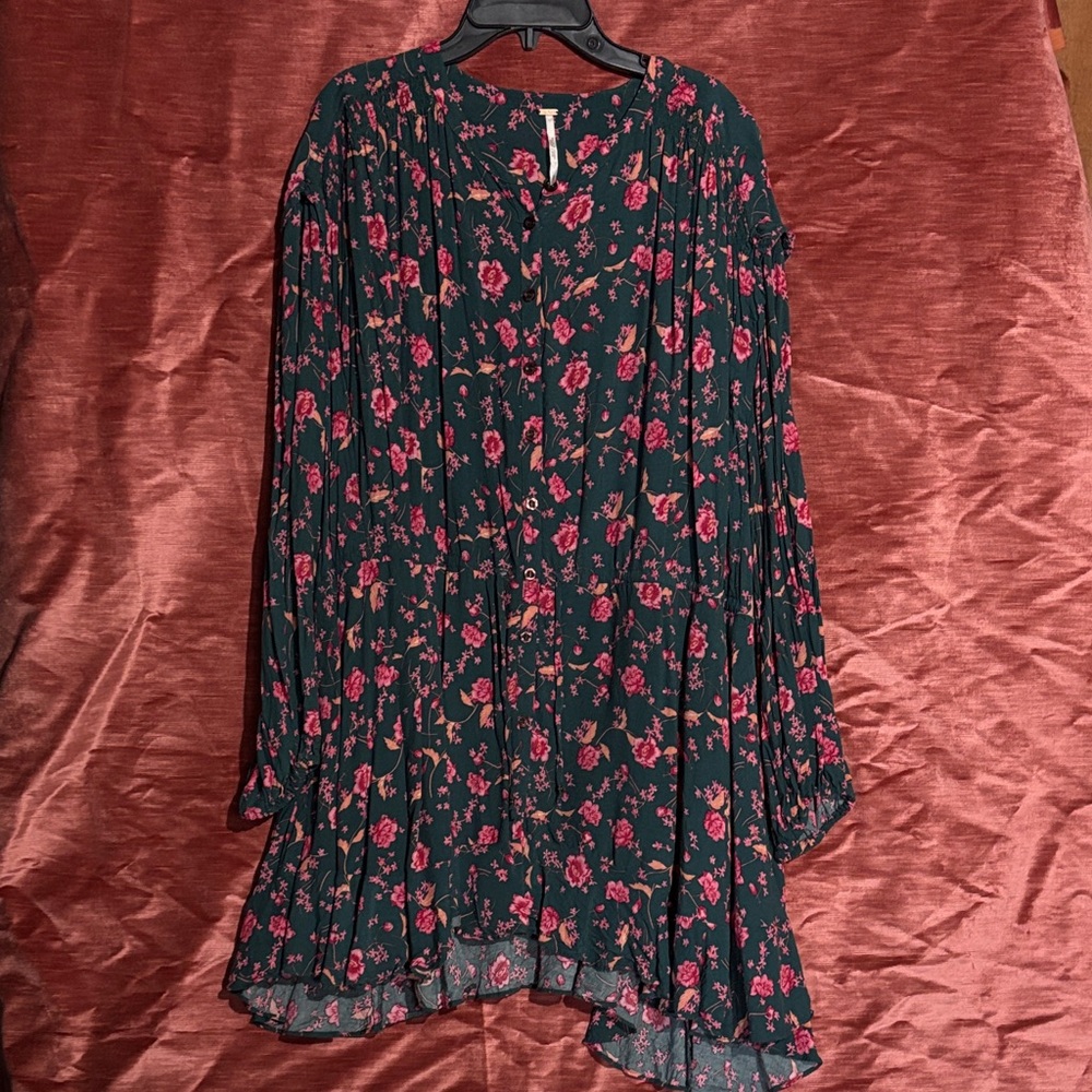 Free People Dark Green and Pink Floral Dress